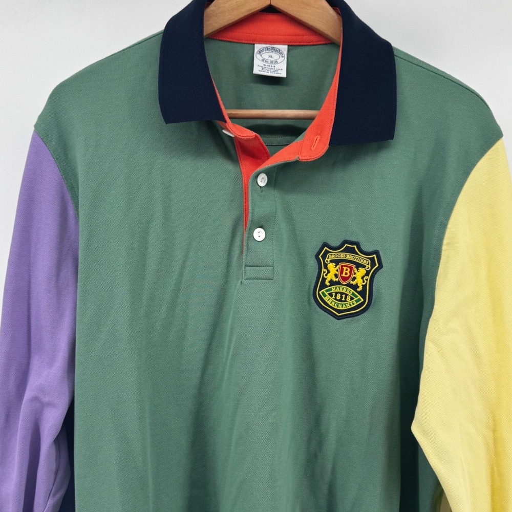 Brooks Brothers Mens XL Rugby Shirt Long Sleeve Performance Slim Fit Crest Polo